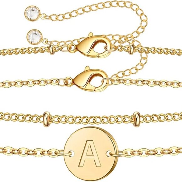 Gold Filled Initial Bracelet Layered Beaded Letter Monogram Jewelry Gift for Wom - Picture 1 of 7